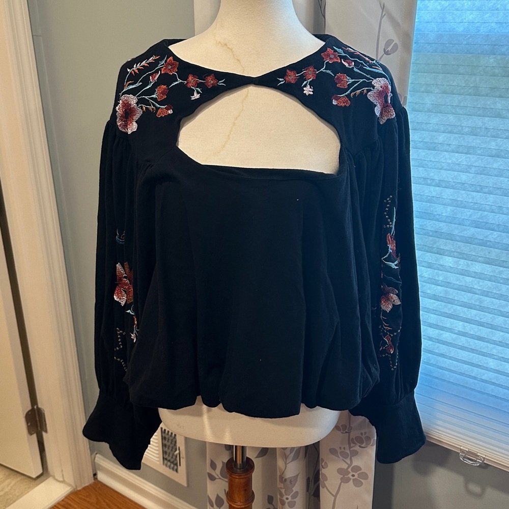 Free People Black Blouse with Red Floral Design